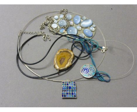 Two Silver and Enamel Pendants, Contemporary Pendant set with Moonstones, Polished Stone Pendant, etc