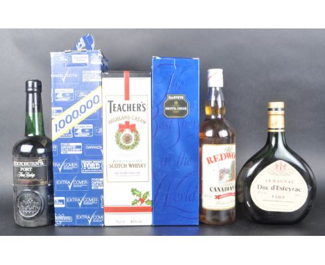 Collection of mixed alcohol to include: Redwood Canadian Rye 70cl, Teachers Highland Cream 75cl, Duc d'Esteyrac Armagnac 68cl