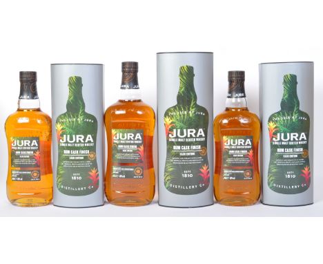 Three bottles of Jura Rum Cask Finish Single Malt Scotch Whisky 2.4L total 40% vol.