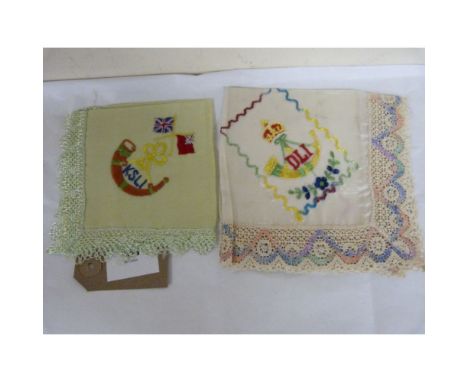 WWI period.&nbsp;&nbsp;3 embroidered silk table mats with crochet edging, "Souvenir from Brussels", KSLI (King`s Shropshire L