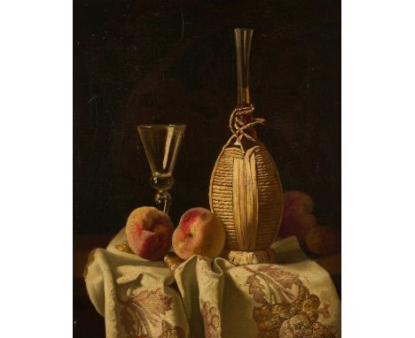 MILNE RAMSEY (AMERICAN 1847-1915) STILL LIFE WITH PEACHES AND A WINE FLAGONsigned and dated Milne Ramsey / 12.76 lower righto