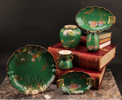 Carlton Ware ‘Vert Royal’ decorated with gilded butterflies and spider webs including; multi lobed plate, 23cm dia, leaf dish