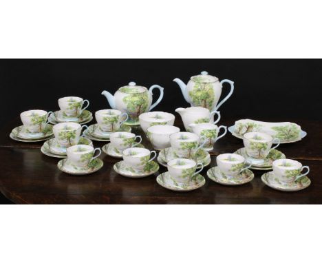 A Shelley Woodland pattern tea and coffee service for six, comprising teapot, coffee pot, milk jug, cream jug, slop bowl, sug