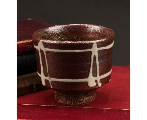 Studio Pottery - a salt glazed earthenware vessel, by John Bedding, applied with bands of raised white drip glaze, 8.5cm, imp