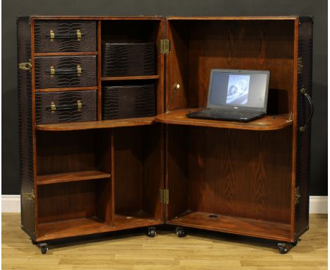 Modern Design - a simulated crocodile skin mounted secretaire trunk or escritoire, as a large steamer trunk, enclosing a fall
