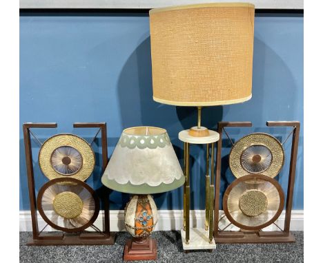 Interior Decoration and Lighting - a pair of contemporary metalwork table lamps, each with spoked discs within a rectangular 