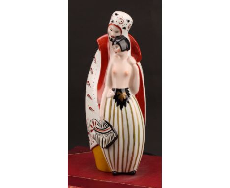 An Art Deco Limoges perfume lamp, Arabian Nights, his cloak with well for scent, enamelled in bright colours, 32cm, printed m