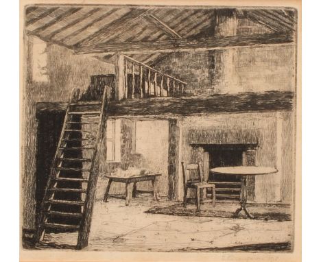 **lang**, by and after, Cottage Interior with Loft, etching, signed in pencil, 13.5cm x 15cm