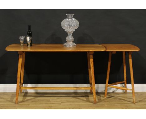 Mid-century Design - a beech and elm pre-Windsor Ercol utility CC41 dining table and conforming freestanding tripod extension