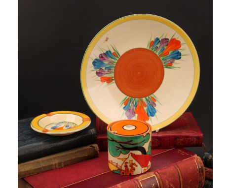 A Clarice Cliff Bizarre Crocus pattern circular plate, 23cm diameter, Newport Pottery, England, printed mark in black; anothe