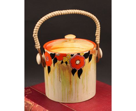 A Clarice Cliff Bizarre Jonquil pattern cylindrical biscuit barrel and cover, original coated wicker swing handle, 15.5cm, pr