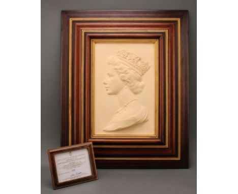 A large framed Royal Worcester cameo portrait plaque of Her Majesty Queen Elizabeth II, modelled by Arnold Machin OBE R.A, ma