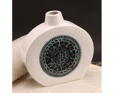 Studio Pottery - a Troika slab wheel vase, glazed with Islamic patterns in tones of blue and grey on a white ground, indistin