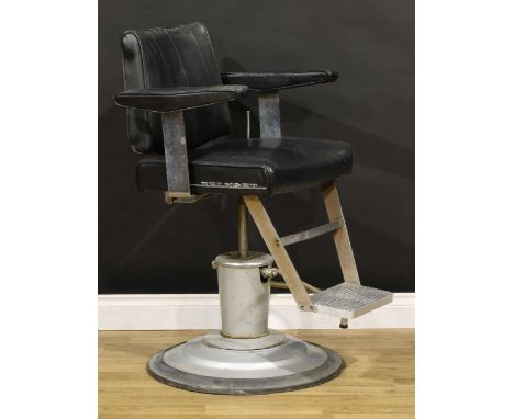 A vintage Japanese Takara Belmont barber chair, model 405, 86cm raising to 100cm high, 65cm wide, the seat 50cm wide and 43cm