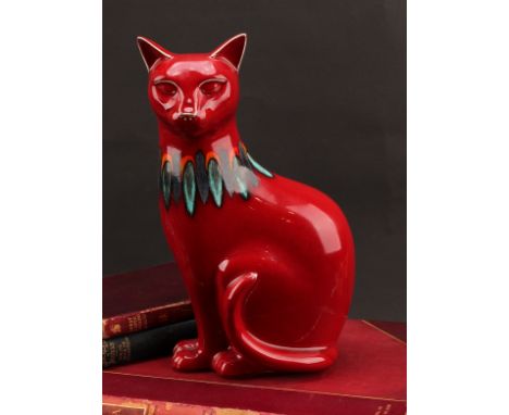 A Poole pottery model, of a cat, red Delphis glaze, 29.5cm high