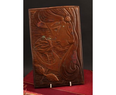 Russian School (mid-century) Girl with Rose, in the Art Nouveau style copper repoussé, Chekanka, label to verso, 28cm x 18cm