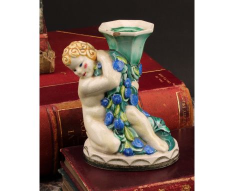 An Art Deco Carter Stabler Adams, Poole, figural candlestick, modelled by Harold Brownsword, octagonal flared sconce, with cu