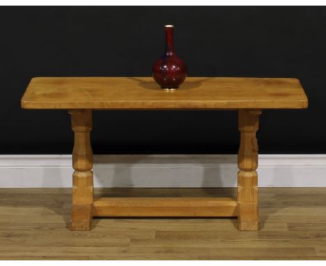 Robert Thompson, Mouseman of Kilburn - an oak coffee table, adzed top, carved mouse signature, 44cm high, 91cm long, 37.5cm w