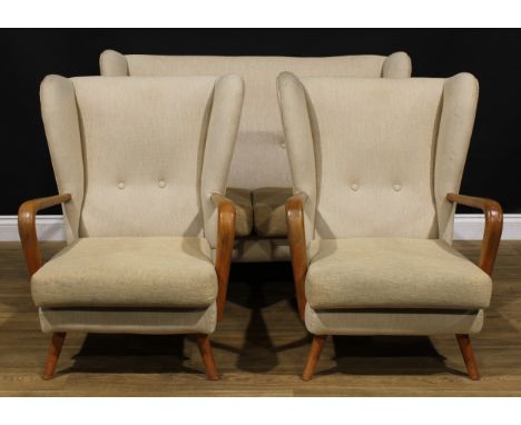 Mid-century Design - a three-piece lounge suite, Bambino, by Howard Keith for HK Furniture, comprising sofa and a pair of arm
