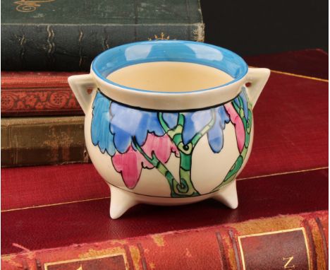 A Clarice Cliff Bizarre Fantasque Rudyard pattern cauldron vase, painted with blue and pink trees, banded in blue, pair of an