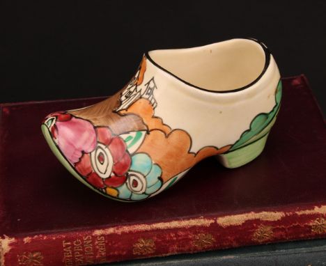 A Clarice Cliff Fantasque Bizarre clog, Alton pattern, Newport Pottery, England, 10cm long, printed mark in black