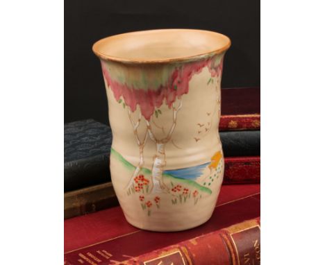 A Clarice Cliff Pink Taormina pattern waisted vase, decorated in polychrome, 17.5cm high, printed mark in blue