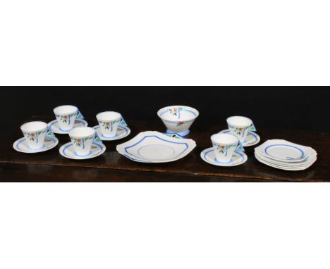 An Art Deco Shelley Mode 'Blue J' pattern part tea service, designed by Eric Slater, comprising cake plate, slop bowl, four s