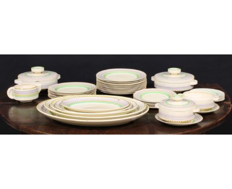 An Art Deco Clarice Cliff dinner service, painted in bands of green, yellow and black on a honey glaze ground, comprising fou