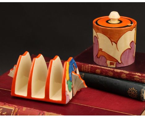 Clarice Cliff Fantasque Bizarre Autumn pattern three division toast rack printed marks, 7.4cm x 15.5cm; similar preserve pot 