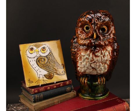 A Chelsea Pottery ceramic model of an owl, 33cm, printed mark; a Chelsea Pottery ceramic tile, sgraffito incised with an owl 