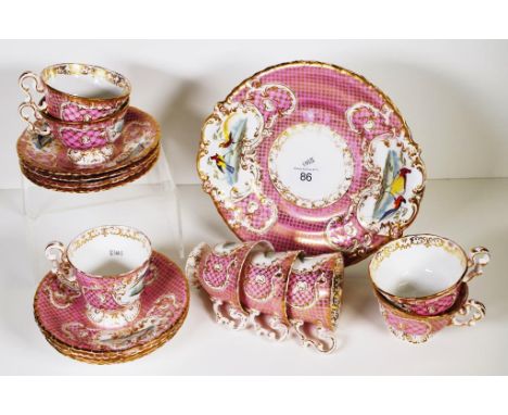 Copeland &amp; Garrett pink ground part teaset pattern 6275, painted in rococo reserves with exotic birds, C:1840. To include