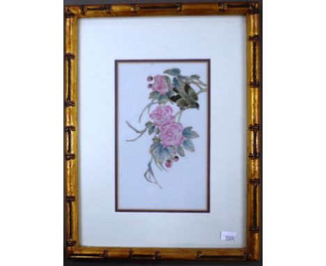 Framed Chinese hand painted ceramic tile 19th century, painted bird and floral decoration, in gilt bamboo form frame. (19cm X