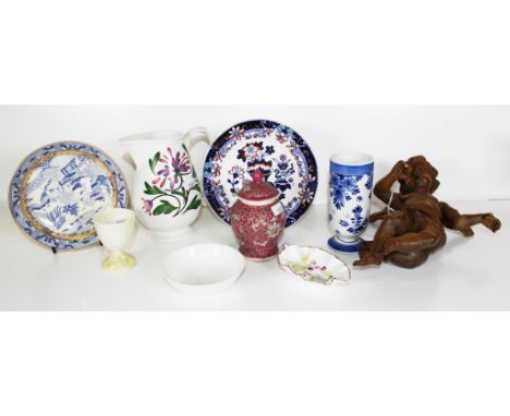 Quantity various ceramic tableware items including Belleek eggcup; Portmeirion milk jug; Chinese lidded ceramic jar; etc; tog