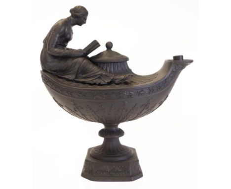 Wedgwood black basalt vestal oil lamp and cover, mid 19th century, the female figure reading a book seated upon the shoulder 