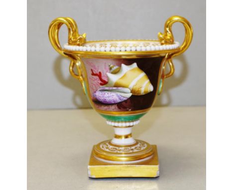 Antique Barr Flight &amp; Barr Worcester vase campana shape, bone china painted with seashell decoration, gilded serpent hand
