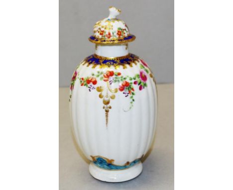 Antique Worcester lidded tea canister lobed form, hand painted flower swags, blue &amp; gilt rococo scroll border, shagreen d