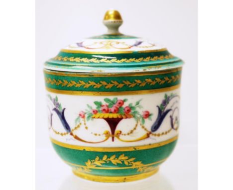 Antique Sevres sucrier &amp; cover C;1800 painted in the neo-classical style with roses, blue scrolls and blue chains, betwee