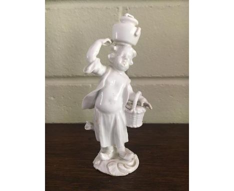 Meissen white porcelain figure of a cupid in disguise as a street vendor, modelled by Kaendler. Dressed in a short jacket &am
