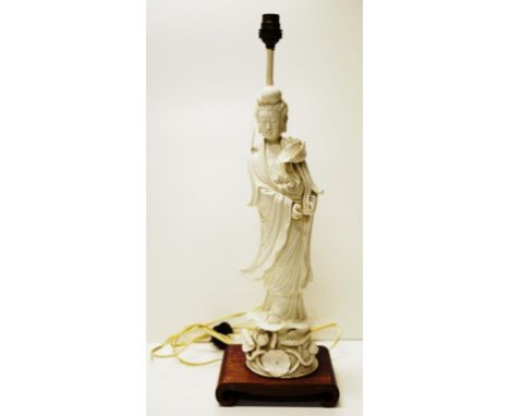 Antique Chinese blanc de chine GuanYin lamp standing Guan Yin figure, (1 finger chipped), on wood base. Fitted for electricit