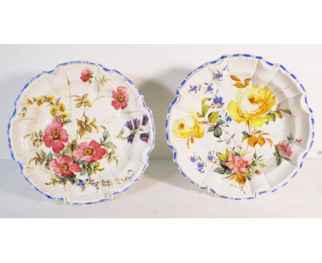 Two Le Nove (Italy) faience plates painted with flowers, late 19th century. Ex Moorabool antiques. (hairlines), 25cm diameter