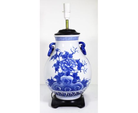 Large Chinese blue and white table lamp approx height 54cm, diameter 21cm