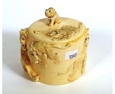 Antique Chinese carved ivory lidded bowl carved lions decoration to lid and bowl. This item may not be exported without CITES