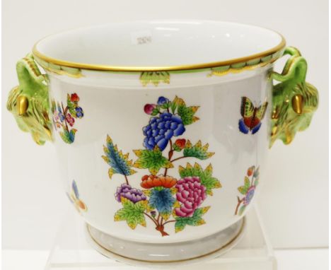 Herend Hungary Queen Victoria ceramic jardiniere hand painted floral and butterfly decoration, dual goat head mask handles, m