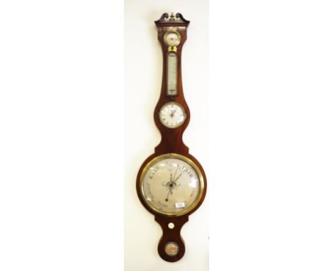 George III mahogany Banjo barometer with satinwood stringing, hygrometer, thermometer level and clock, fitted with a later cl