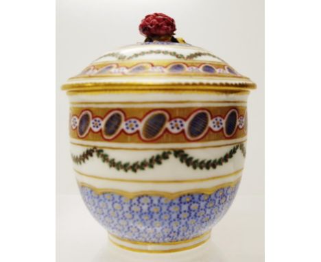 Antique French Sevres sucrier &amp; cover well painted with laurel swags pendant from a wide border of blue ovals cross-hatch
