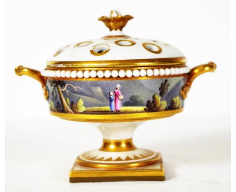 Flight Barr &amp; Barr pedestal potpourri, C:1820 the squat bowl fitted with a pair of gilded ring handles and painted with a
