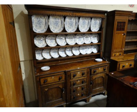     An Antique Oak Dresser, Having A Three Shelf Rack With Diamond &amp; Dot Motif, &amp; A Breakfront Base Of Cupboards &amp