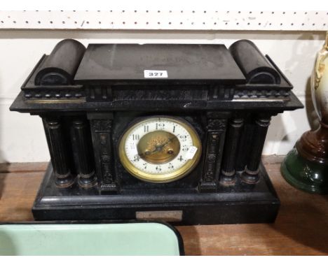     A Victorian Black Marble Mantel Clock With Circular Dial &amp; Presentation Plaque  