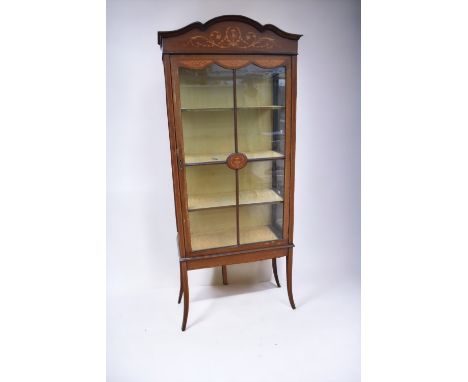 Tall Edwardian three shelf glazed display cabinet in mahogany with inlay detail.