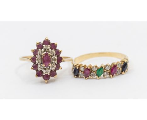 Two stone set 9ct gold rings including a ruby and diamond marquise shaped cluster ring, size N, along with multi stone rimng 
